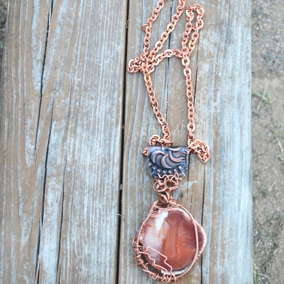 Gigantic Carnelian Pendant Solid Copper Necklace - Picture 6 of 8
